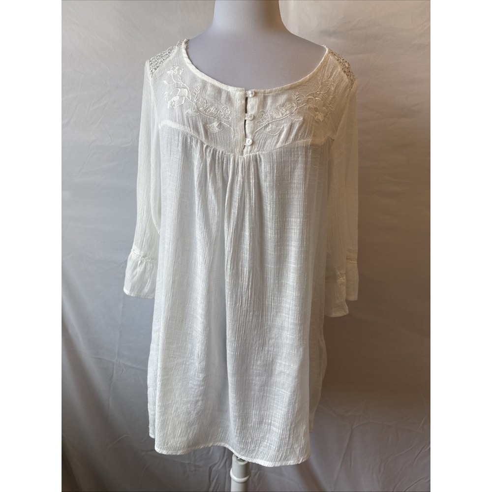 Boho Chic Sheer Embroidered‎ Floral Crochet Lace Crinkle Tunic Cover Up M Resort - Picture 3 of 11